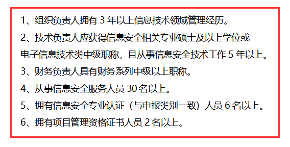 信息安全運(yùn)維服務(wù)資質(zhì)二級認(rèn)證人員要求清單，共6點(diǎn)